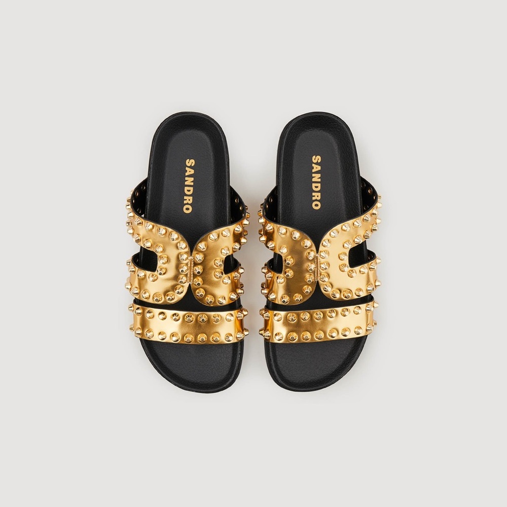 NWOB SANDRO Flat Rivet Golden Metallic Embellished Leather Sandals Size US 9